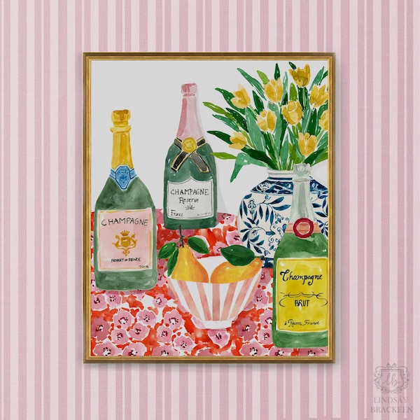 Champagne Bottle Painting, Champagn Art Print Decor, Cocktail Print, Bar Cart, Cocktails Print,  Bar Decor, Colorful Kitchen Wall Art Decor