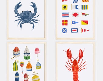 Lobster Buoys Crab Print Set Nautical Flags Beachy Sea Side Coastal Living Wall Art Print Watercolor Blue Painting Boys Room Decor Sailing