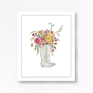 Floral Art Watercolor Print Boots Garden Flowers Illustration Farmhouse Children's Wall Nursery Decor Wellies Gardening Gardener Gift Girls