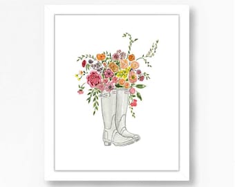 Floral Art Watercolor Print Boots Garden Flowers Illustration Farmhouse Children's Wall Nursery Decor Wellies Gardening Gardener Gift Girls