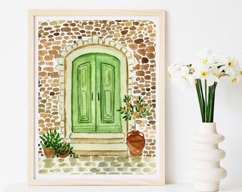 Positano Puglia Italy Art Watercolor Travel Houses Print Italian Style Farmhouse Green Door Citrus Tree Painting Kitchen Wall Decor Painting