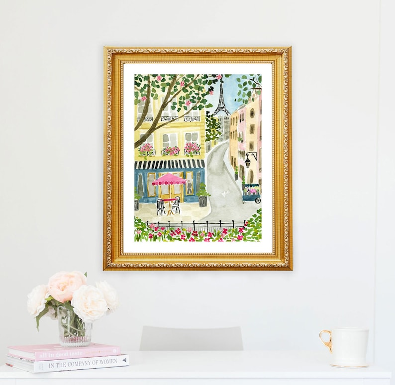 Paris Eiffel Tower Art Print Travel Paris Wall Decor Pink Trees Colorful Floral Flowers Map Painting Illustration Girls Wall Room Decor image 8