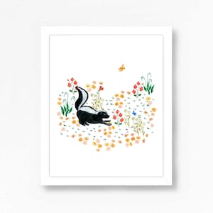 Skunk Print, Skunk Art Print, Woodland Nursery Print, Nursery Wall Decor, Skunk Painting, Wildlife Art, Animal Art Print, Skunk Wildflowers