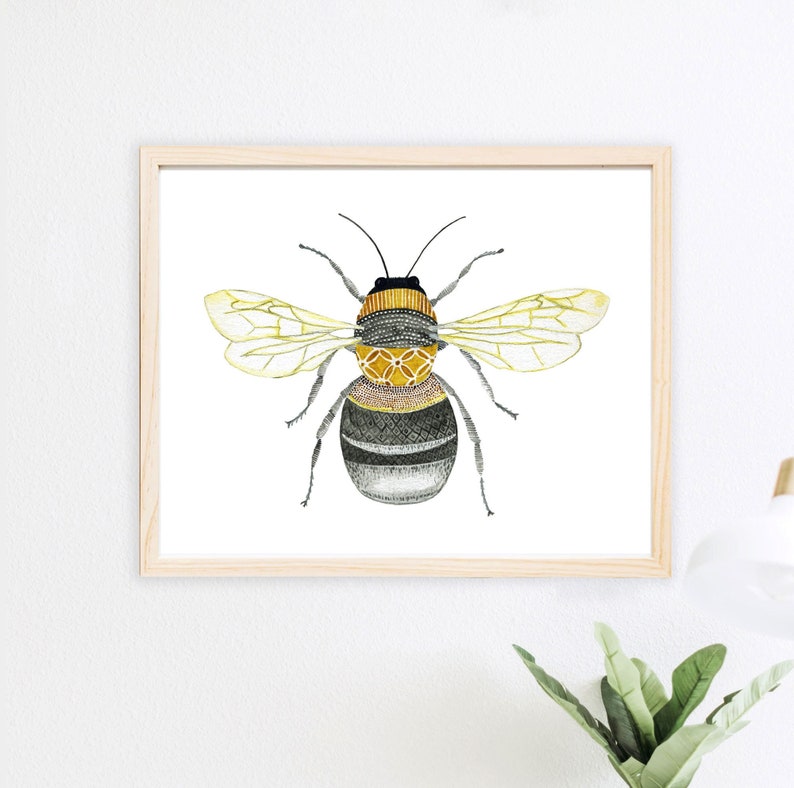 Bee Art Print Bumblebee Honey Bee Entomology Bug Insect Children's Kids Baby Wall Nursery Decor Nature Woodland Yellow Watercolor Painting image 1