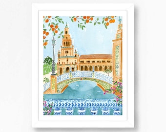 Spain Art Print, Seville Art Print, Spain Wall Decor, Plaza de Espana Print, Travel Art, Spain Painting, Seville Painting, Travel Print