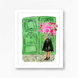 Paris Art Print Travel African American Girl Wall Decor Peonies Colorful Floral Flowers Painting Illustration Girls Wall Room Decor