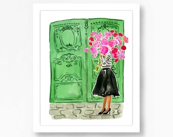Paris Art Print Travel African American Girl Wall Decor Peonies Colorful Floral Flowers Painting Illustration Girls Wall Room Decor