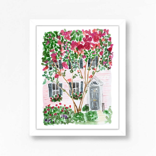 Charleston Art Print Painting South Carolina Wall Decor SC Pink House Illustration City Houses Colorful Flowers Southern Living Girls Room