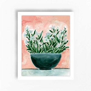 Bouquet Vase Floral Flowers Art Print Mixed Media Daisy Blue Navy Pink Green Gouache Bohemian Modern Wall Art Decor Farmhouse