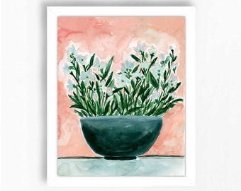 Bouquet Vase Floral Flowers Art Print Mixed Media Daisy Blue Navy Pink Green Gouache Bohemian Modern Wall Art Decor Farmhouse