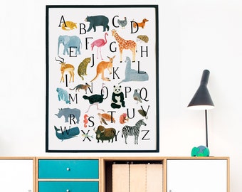 Animal Alphabet Print Animals Wall Art ABC Nursery Childrens Room Decor Poster Kids Jungle Safari Educational Painting Modern Play Letters