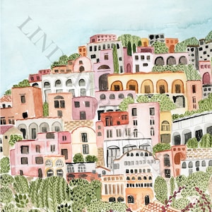 May include: Watercolor painting of a hillside town with buildings in shades of pink, peach, and white. Green trees and foliage are interspersed throughout the town. The sky is a light blue.