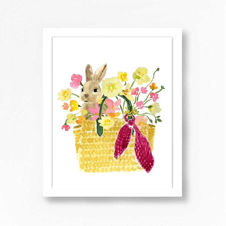 Easter Bunny Art, Easter Basket, Bunny Basket Art Print, Spring Flowers Art Print, Easter Decor, Bunny Art, Rabbit Art, Rabbit Print image 4