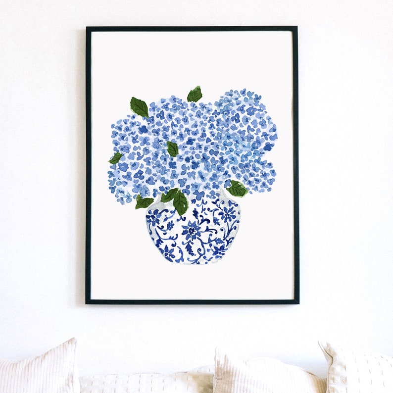 Hydrangea Print, Hydrangea Art, Hydrangea Painting, Blue Hydrangea Print, Blue and White Vase Planter, Ginger Jar Print, Delft Blue Vase image 2