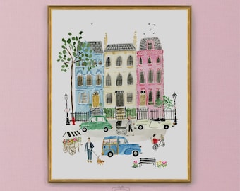 London Art Print, London Wall Decor, London Wall Art, London Illustration, London Street Scene Art, London Neighborhood Art Print