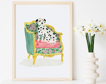 May include: A black and white Dalmatian dog sits on a green and gold floral patterned armchair with a pink cushion. The chair has ornate details and is set against a white background.
