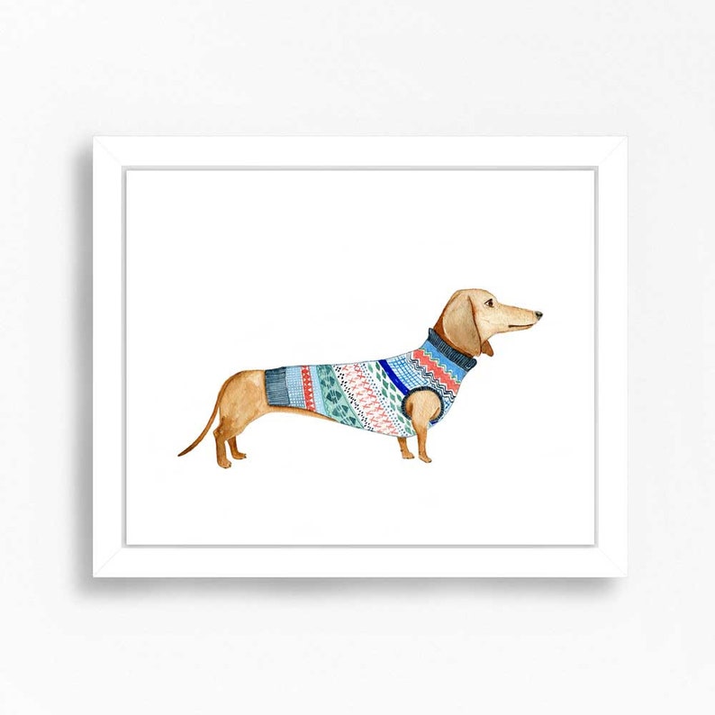 Daschund Dog Art Print Dachshund Watercolor Illustration Puppy Childrens Kids Baby Wall Nursery Decor Animal Dogs Sweater Boys Painting image 1