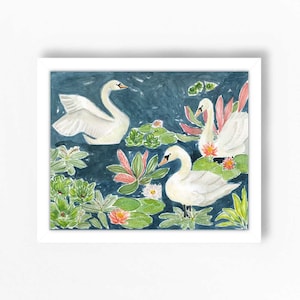 Swan Art Print Swans on Water Art Bird  Watercolor Flowers Illustration  Children's Wall Nursery Decor Girls Room Pink Blue Green Lily