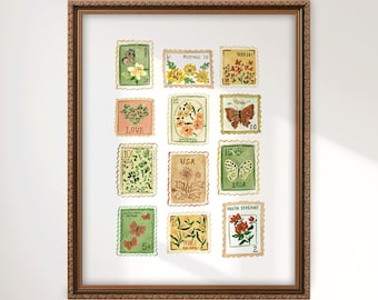 Vintage Floral Stamps, Vintage Floral Stamp Art Print, Vintage Stamp Art, Stamp print, Stamp Poster, Lindsay Brackeen Art