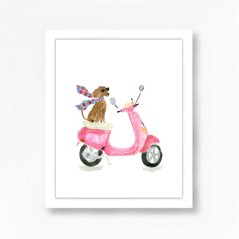 Dog on a Vespa Art Print, Dog Art Print, Dog Portrait, Dog Wall Art, Dachshund Art, Dog Art, Dog in Paris Art, Dog Nursery Art image 5