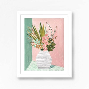 Bouquet Vase Floral Flowers Art Print Mixed Media Blush Sage Nursery Pink Green Gouache Bohemian Modern Wall Art Decor Farmhouse