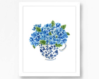 Hydrangea Print, Hydrangea Art, Hydrangea Painting, Blue Hydrangea Print, Blue and White Tea Cup, Tea Cup Print, Blue White China, Delft