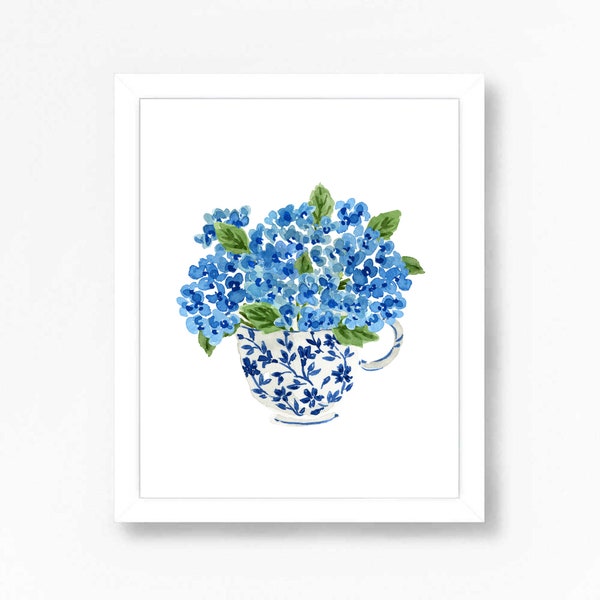 Hydrangea Print, Hydrangea Art, Hydrangea Painting, Blue Hydrangea Print, Blue and White Tea Cup, Tea Cup Print, Blue White China, Delft