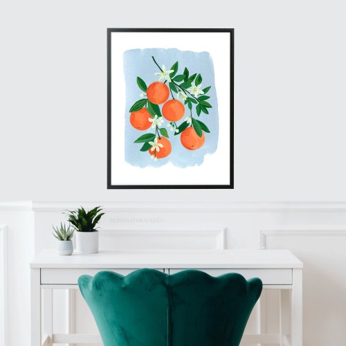 Oranges orange clémentine agrumes bleu chalet rustique cuisine aquarelle gouache peinture impression d'art nourriture mur Art déco ferme