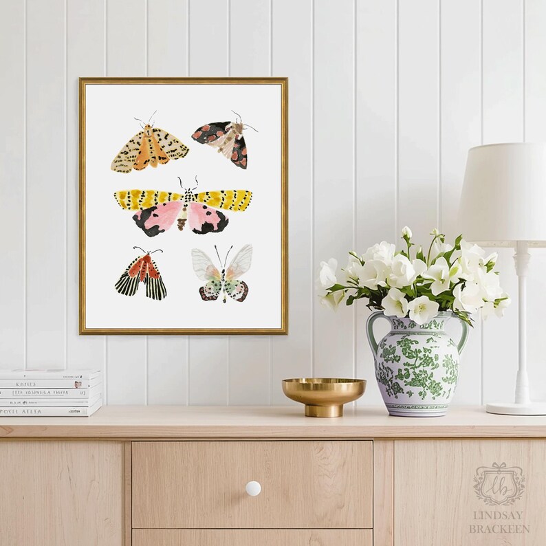 Puede incluir: Una l&aacute;mina de arte enmarcada que presenta cinco ilustraciones de polillas distintas sobre un fondo blanco. Las polillas muestran varios patrones y colores, incluyendo amarillo, rosa, negro y blanco. El marco es de metal dorado fino.