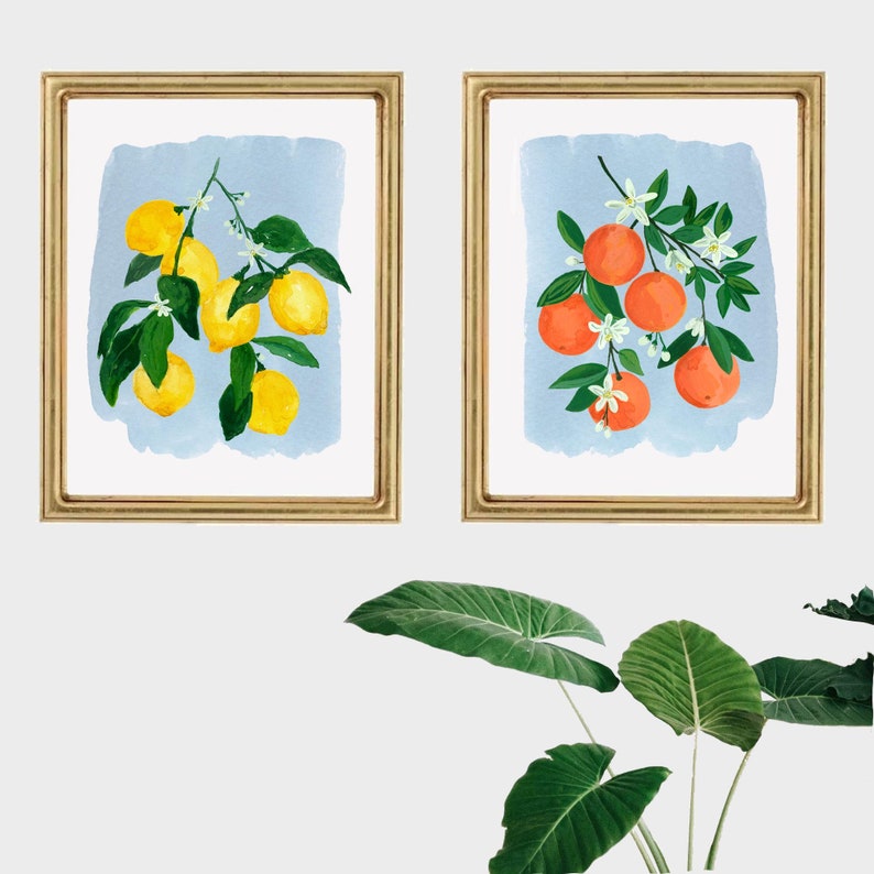K&ouml;nnte beinhalten: Zwei gerahmte Aquarelldrucke. Einer zeigt Zitronen auf einem Ast mit gr&uuml;nen Bl&auml;ttern und wei&szlig;en Bl&uuml;ten vor blauem Hintergrund. Der andere zeigt Orangen mit gr&uuml;nen Bl&auml;ttern und wei&szlig;en Bl&uuml;ten. Beide sind in goldenen Rahmen.