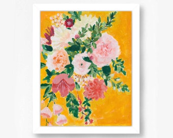 Bouquet Floral Flowers Art Print Bohemian Modern Wall Art Decor Farmhouse Girls Room Nursery Yellow Pink Peach Green Coral