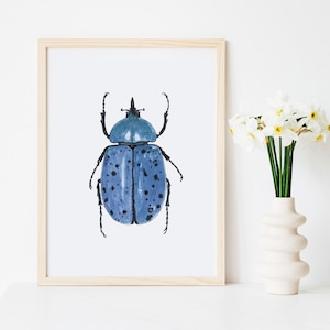 Entomology Beetle Art Print Insect Bug Watercolor Nature Illustration Blue Gift Children&#39;s Room Wall Decor Painting Girls Boys Nursery