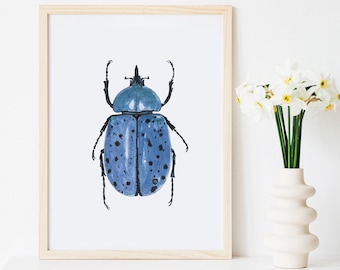 Entomology Beetle Art Print Insect Bug Watercolor Nature Illustration Blue Gift Children's Room Wall Decor Painting Girls Boys Nursery