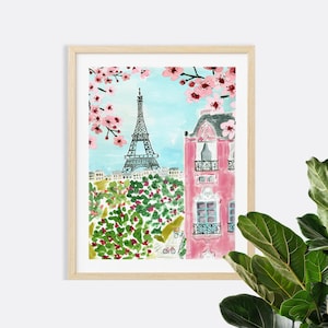 Paris Eiffel Tower Art Print Travel Paris Wall Decor Pink Trees Colorful Floral Flowers Map Painting Illustration Girls Wall Room Decor