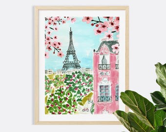 Paris Eiffel Tower Art Print Travel Paris Wall Decor Pink Trees Colorful Floral Flowers Map Painting Illustration Girls Wall Room Decor