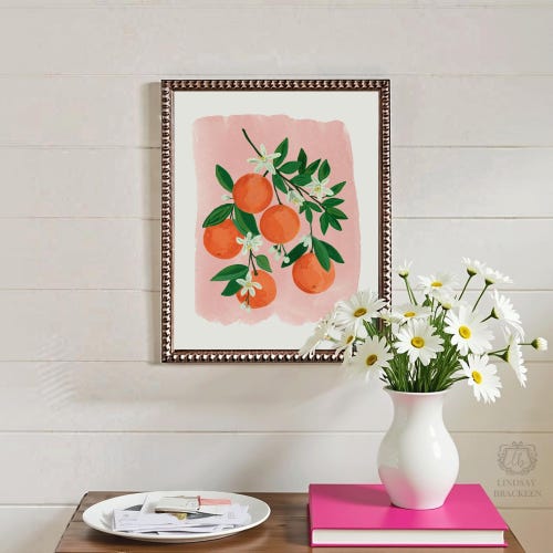 Oranges Orange Clementine Citrus Fruit Blue Rustic Cottage Kitchen Watercolor Gouache Painting Art Print Food Wall Art Decor Farmhouse