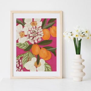 Oranges Orange Clementine Citrus Fruit Blue Rustic Cottage Kitchen Watercolor Gouache Painting Art Print Food Wall Art Decor Farmhouse