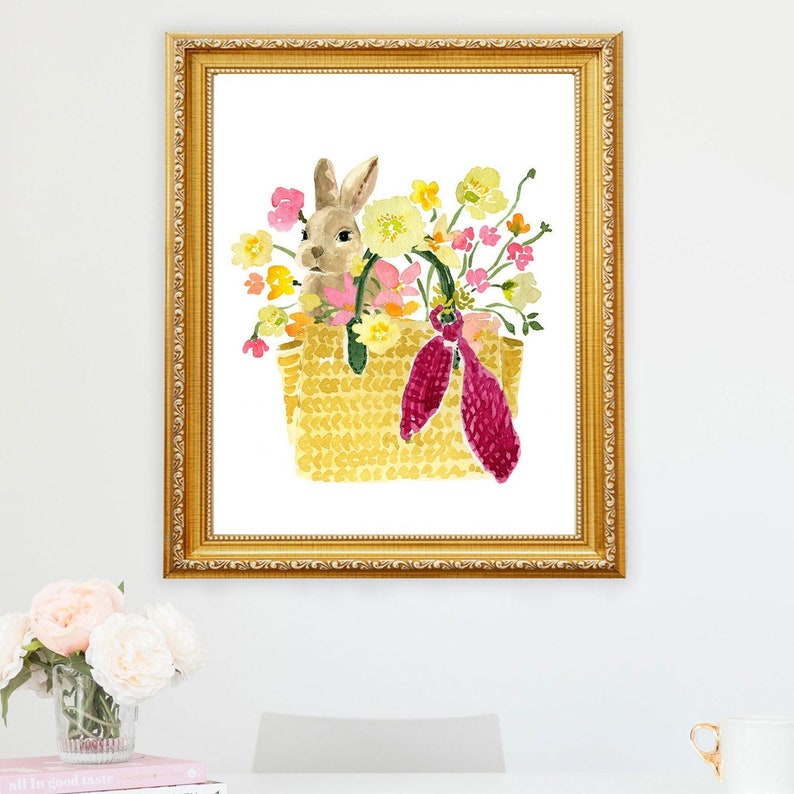 Easter Bunny Art, Easter Basket, Bunny Basket Art Print, Spring Flowers Art Print, Easter Decor, Bunny Art, Rabbit Art, Rabbit Print image 2