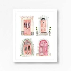 Pink Door Doors Watercolor Art Travel Houses Print Italy Europe Spain France Paris Antique Painting Illustration Girls Wall Room Decor