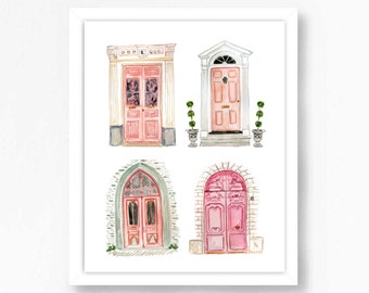 Pink Door Doors Watercolor Art Travel Houses Print Italy Europe Spain France Paris Antique Painting Illustration Girls Wall Room Decor