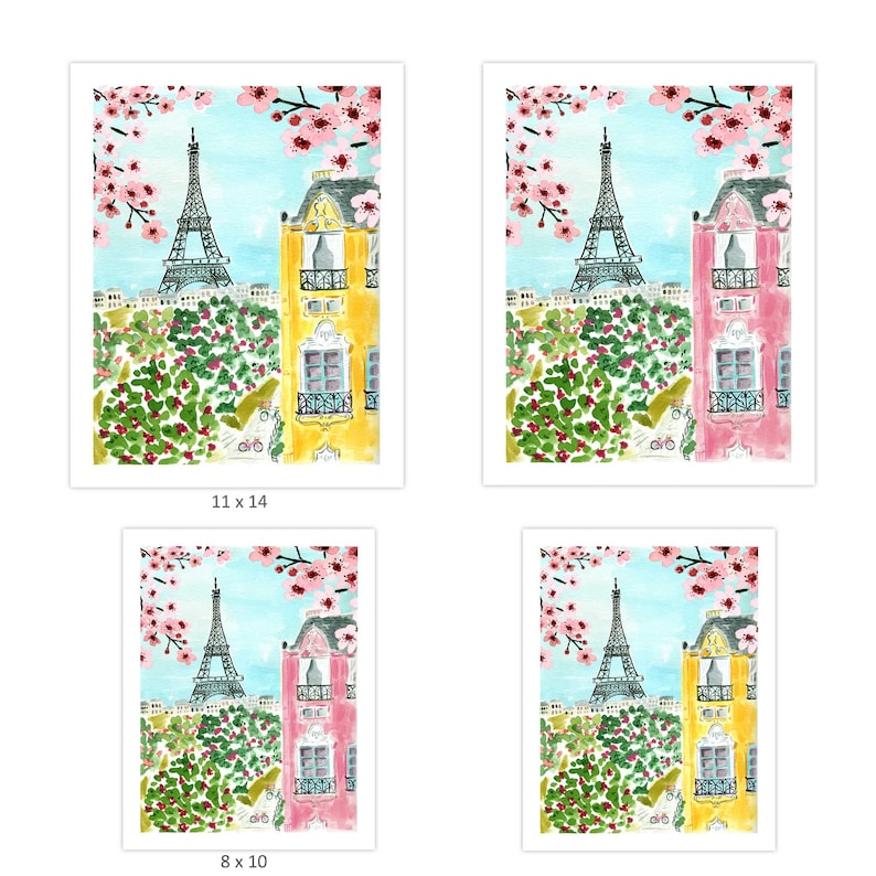 Paris Eiffel Tower Art Print Travel Paris Wall Decor Pink Trees Colorful Floral Flowers Map Painting Illustration Girls Wall Room Decor image 7