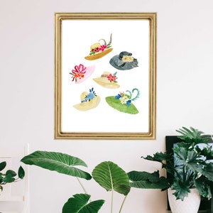 May include: A watercolour painting of six different hats with floral embellishments. The hats are in various colours, including pink, blue, green, and yellow. The hats are arranged in a cluster on a white background.