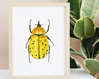 Beetle Nursery Art Print Insect Bug Watercolor Nature Illustration Yellow Gift Children's Room Wall Decor Painting Girls Boys Kids Theme