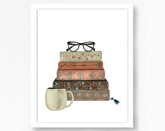 Stack of Books Decor Book Wall Art Print Watercolor Bookshelf Read  Painting Home Office Bookworm  Library Reading Nook Coffee Cup Glasses