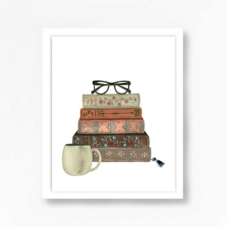 Stack of Books Decor Book Wall Art Print Watercolor Bookshelf Read  Painting Home Office Bookworm  Library Reading Nook Coffee Cup Glasses 