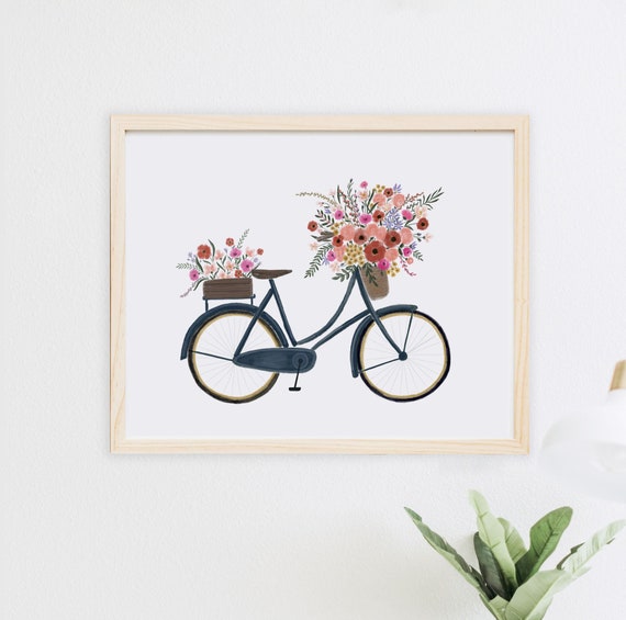 Vintage Blue Bike Bicycle With Flower Basket Wall Art Print | Etsy