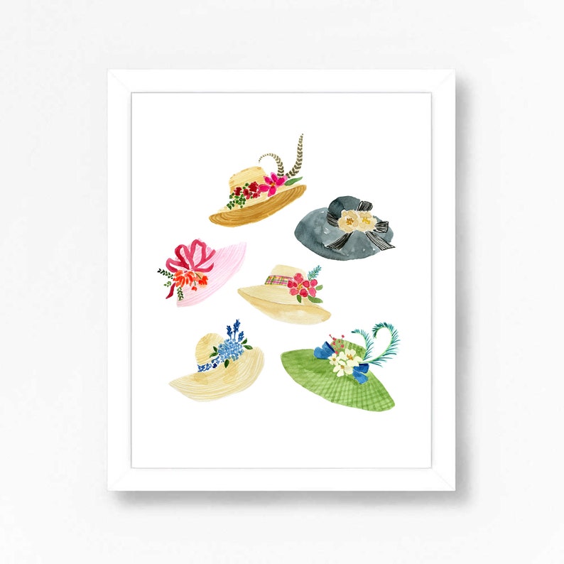 May include: Six watercolour illustrations of different hats with floral embellishments. The hats are in various colours, including pink, green, blue, and beige.