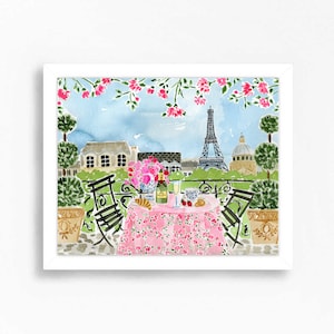 Paris Eiffel Tower Art Print Poster Painting Travel Paris Skyline Wall Decor Paris Terrace Cafe Flowers Painting Illustration Girls Room