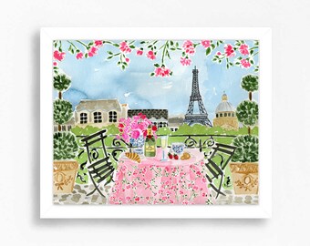 Paris Eiffel Tower Art Print Poster Painting Travel Paris Skyline Wall Decor Paris Terrace Cafe Flowers Painting Illustration Girls Room