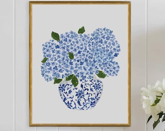 Hydrangea Print, Hydrangea Art, Hydrangea Painting, Blue Hydrangea Print, Blue and White Vase Planter, Ginger Jar Print, Delft Blue Vase